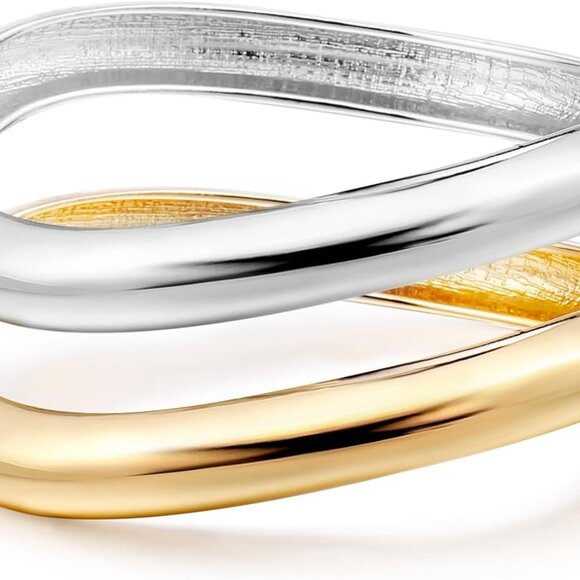 Elegant Wide Gold Cuff Bangle Bracelets for Women, Set of 2, Irregular Design, M - Picture 1 of 6